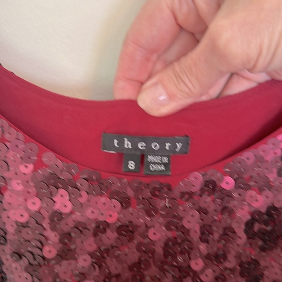 Theory Sequin Cocktail Shift Dress Size 8 Midi Burgundy Fully Lined Silk Shell - Picture 6 of 9